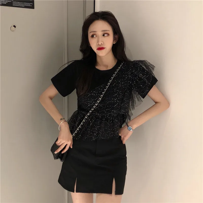 الصيف المرأة شبكة خياطة قصيرة الأكمام تي شيرت ضئيلة قصيرة غير النظامية القميص المفتوح القاع شبكة خياطة الأسود الأزياء تيز الصيف المرأة شبكة خياطة قصيرة الأكمام تي شيرت ضئيلة قصيرة غير النظامية القميص المفتوح القاع شبكة خياطة الأسود الأزياء تيز