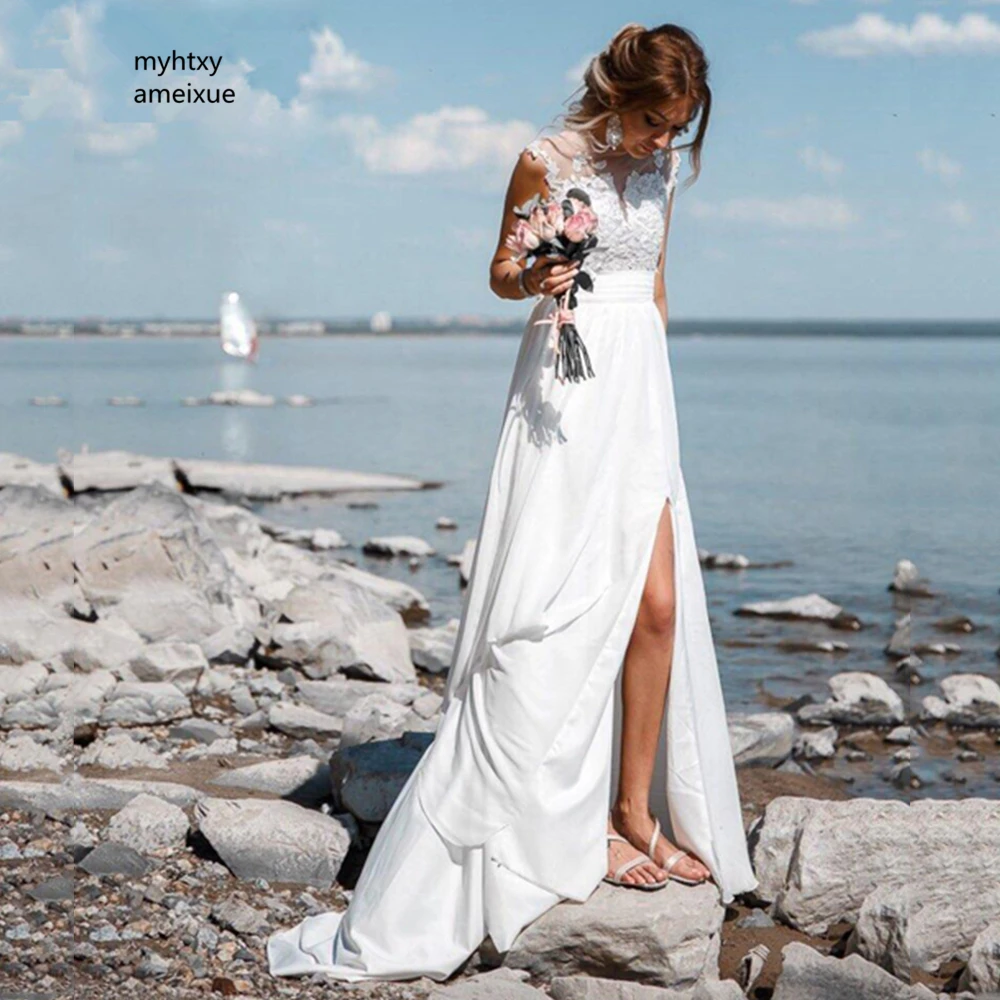 

Side Slit Sexy See Through V-neck Lace Applique Cheap Wedding Dress Backless Real Photo Beach Bridal Gown 2019 Vestido De Noiva