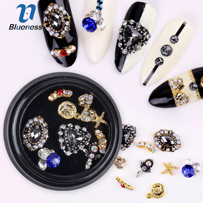 

9Pcs/Box Clock Pearl Bow Triangle Retro Design 3D Metal Alloy Studs Nail Stickers Nail Art Decorations Rhinestones For Manicure
