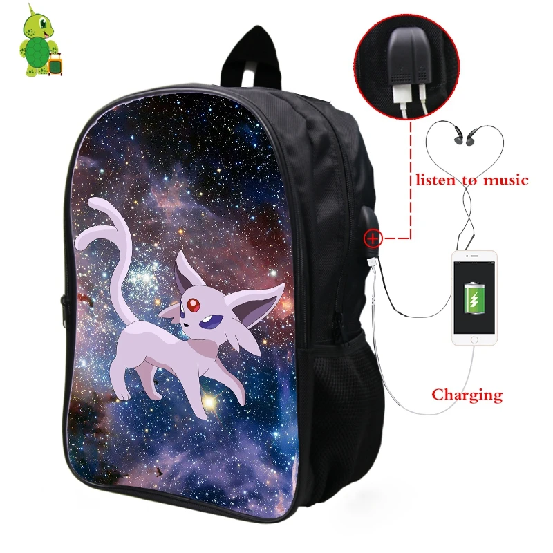 Pokemon Espeon Galaxy Космический рюкзак Многофункциональный USB зарядка Разъем для наушников ноутбук рюкзак для подростков мужчин и женщин школьные сумки