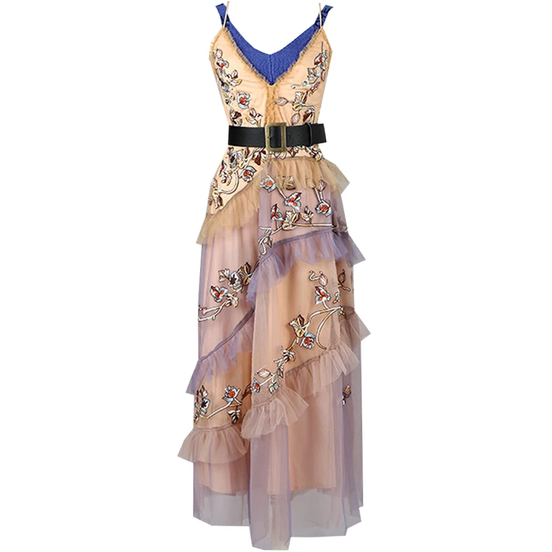 

Party Dresses Brand Fashion Women's High-end Luxury Vintage Summer Embroidered V-neck Sexy Slim Long Floor Dress