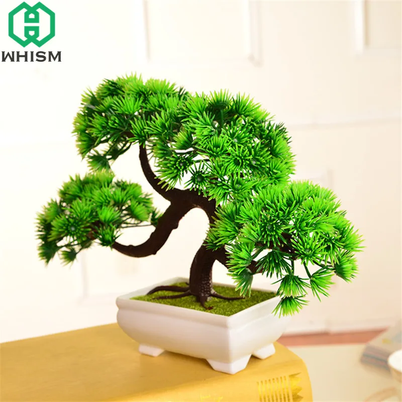 

WHISM Platic Artificial Welcoming Pine Fake Greeting Tree Bonsai with Potted Pine Trees For Wedding Christmas Home Decoration