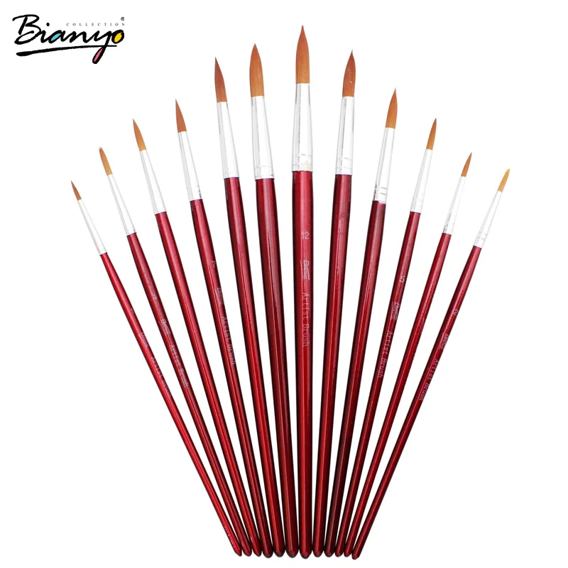 Bianyo 12pcs Different Size Round Tip Light Brown Synthetic Artist