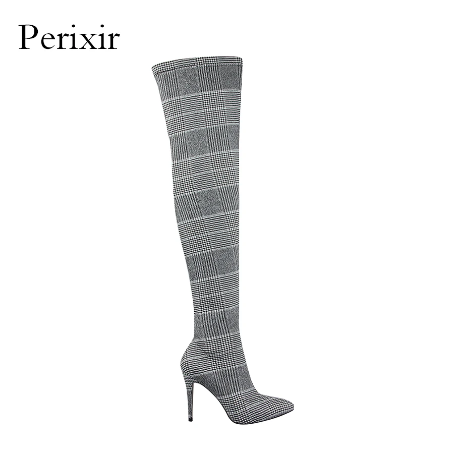 

Perixir Wool Fabric Plaid Over the Knee Boots for Women Shoes Pointed Toe Sexy Thin Extreme High Heels Party Office Ladies Boots