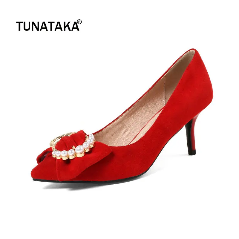 

Suede Thin High Heel Pointed Toe Woman Lazy Pumps Fashion Buckle Crystal Dress High Heel Shoes Woman Black Red Gray