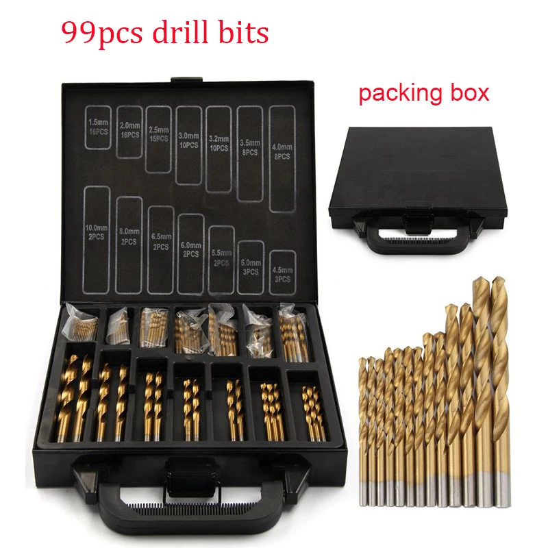 99PCS HSS Twist Drill Bits Set 1.5-10mm Titanium Coated Surface 118 Degree For Drilling Woodworking Iron Electrical Drill