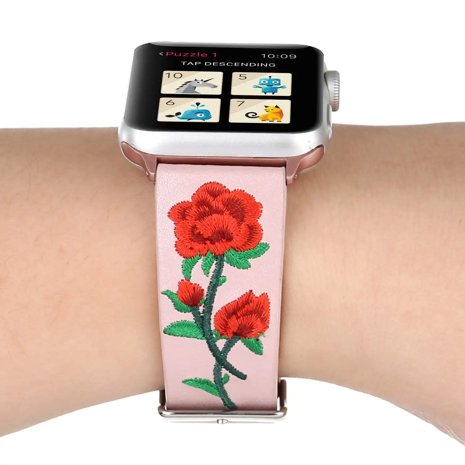 DAHASE вышитый цветок розы из натуральной кожи ремешок для Apple Watch 38 мм 42 ремень
