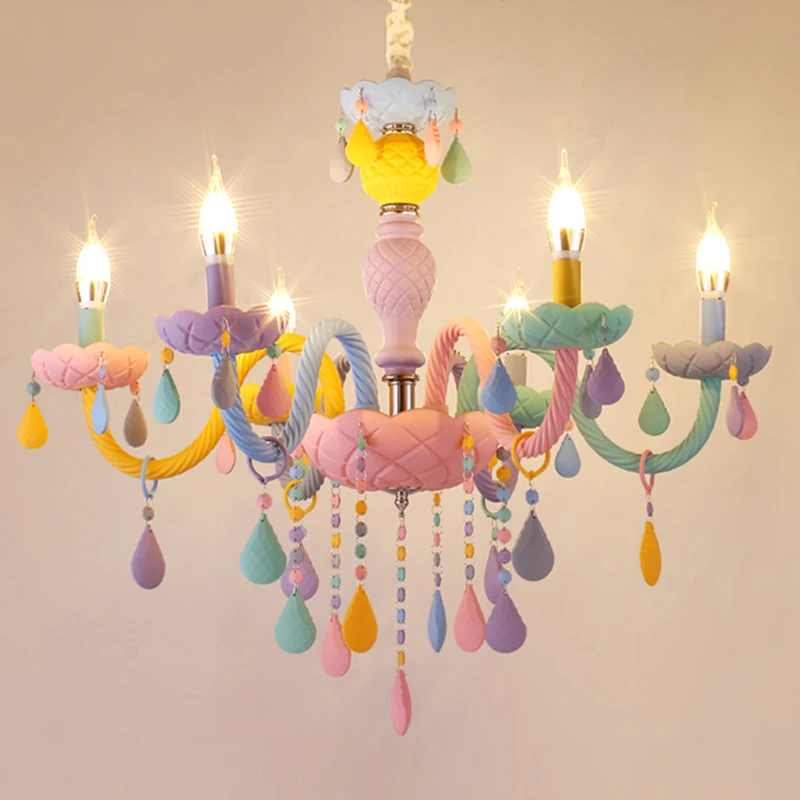 Personality colorful glass for children's room decoration chandelier macaron color crystal LED E14 lighting hanging chain adjust