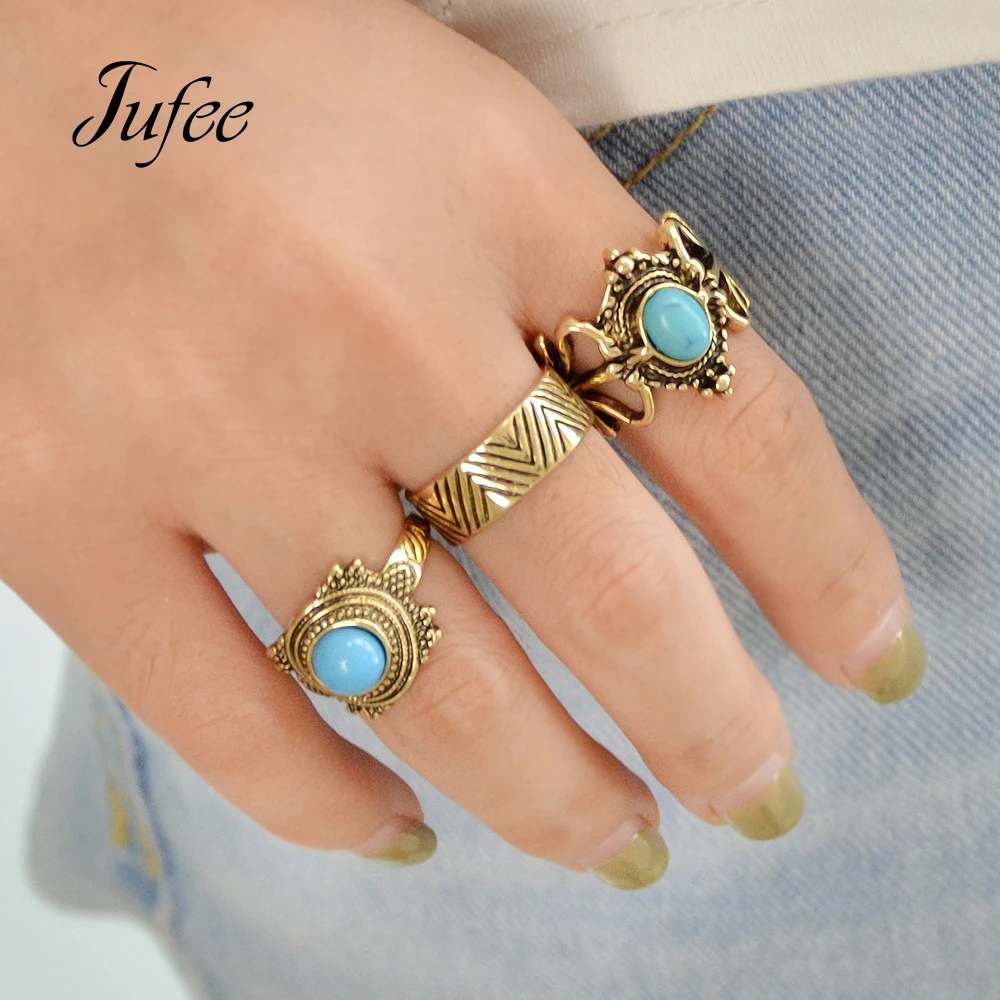Jufee New Fashion 3Pcs/Set Bohemia Ethnic Antique Gold-Color Rhombus Shape With Blue Stone Rings Set For Women Accessories | Украшения и