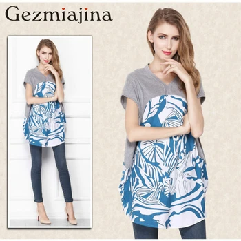 

Summer large maternity dress printed shirt loose collar V short sleeved T-shirt for pregnancy women clothing