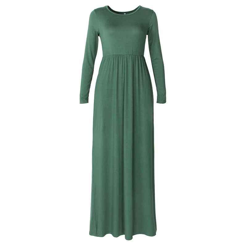 Женское платье размера плюс с карманами, длинное платье макси, однотонное Повседневное платье с длинным рукавом, осенне-зимние женские платья с круглым вырезом, женское платье XXL GV812