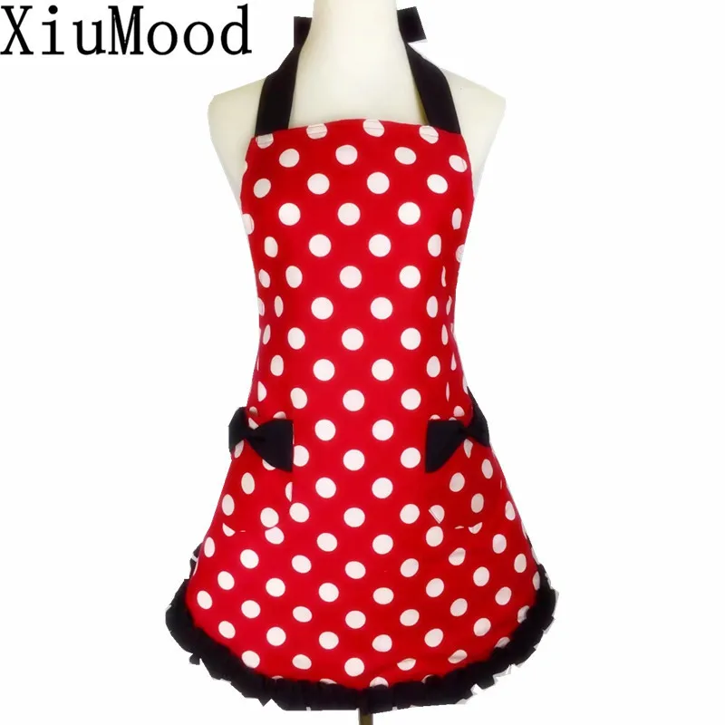 XiuMood Cute Black Lace Red White Dots Kitchen Cooking Aprons For Women