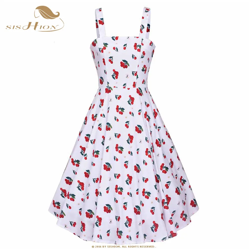 SISHION Swing 50s 60s Retro Vintage Dress VD1103 Spaghetti Strap Cherry