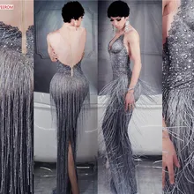 Блестящие кристаллы кисточкой платье сексуальное для ночного клуба Камни шеи длинное платье костюм женский Выпускной День день рождения Празднование платья наряд
