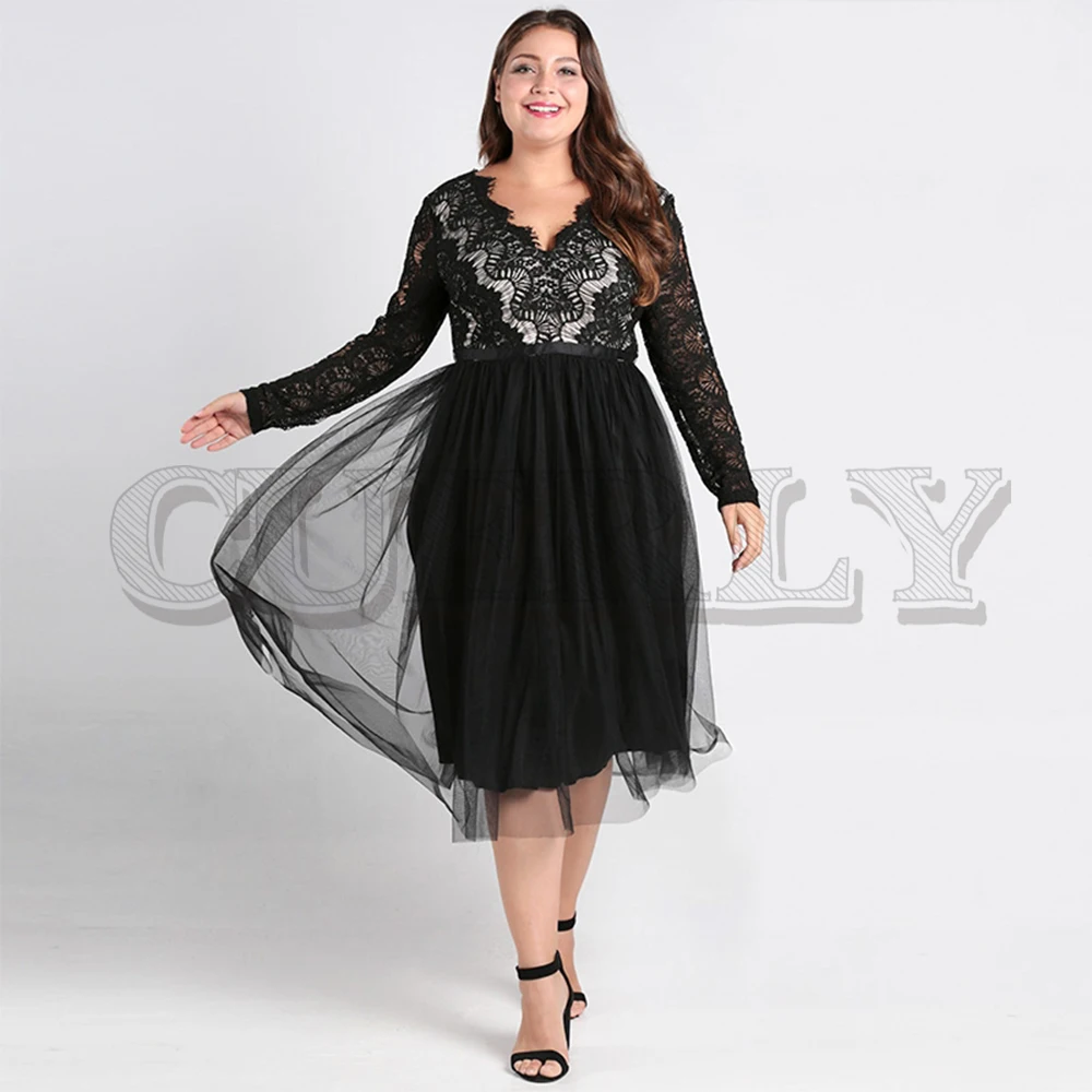 

CUERLY Sexy lace women party dress V neck long sleeve mesh ball gown dresses Elegant autumn plus size dress vestidos mujer