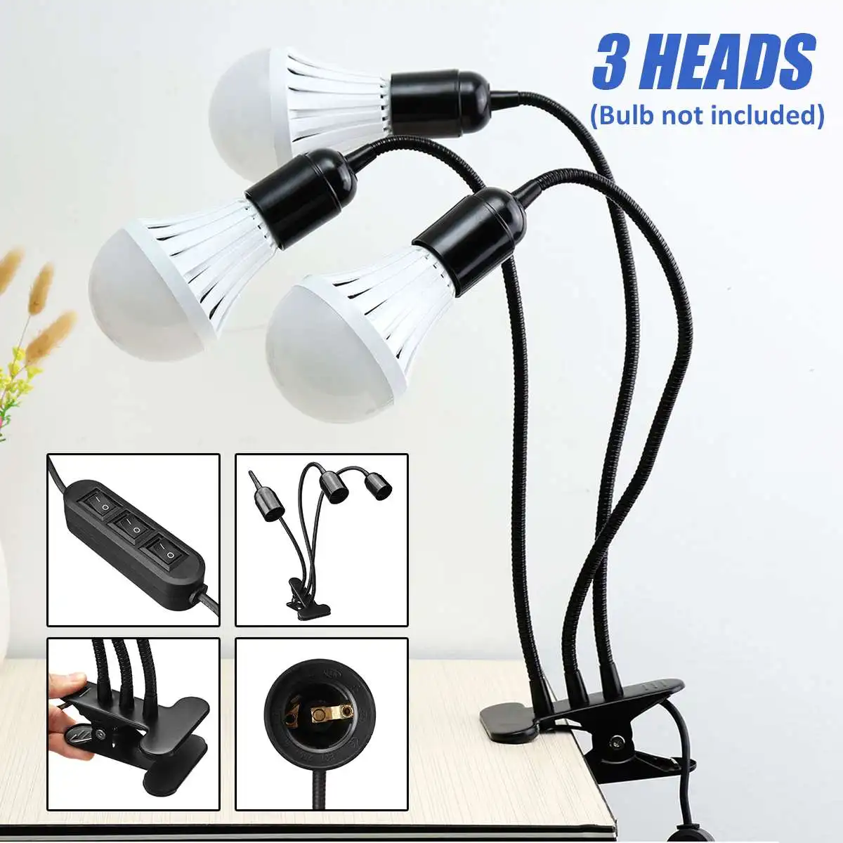  Flexible Plant Growth Light Base Stand 3 Heads Clip-On Desk Light E27 Bulb Stand Holder Kids Study 