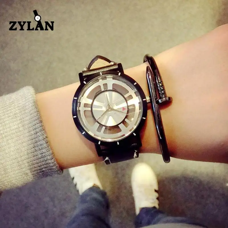 

ZYLAN Hot Sale New Hollow Clear Dial Leather Quartz Watch Wristwatch Hours for Young Men Women 1 Year Warrenty