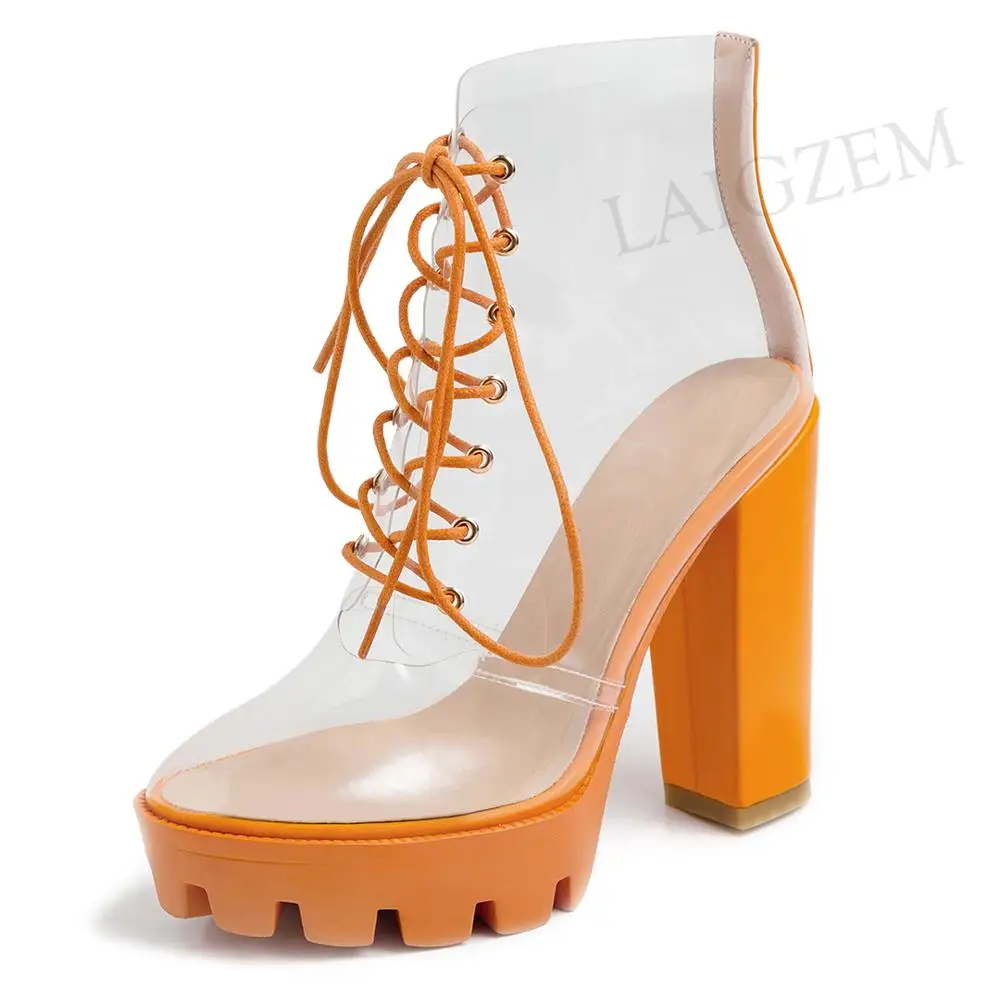 LAIGZEM FASHION Women SUMMER Transparent Clear Ankle Boots Chunky Heels Short Boots Ladies Botines Mujer Small Big Size 33-41 (9)