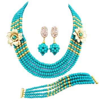 

Fashion Aqua Blue Crystal Beaded Multi Strands Necklaces Sets Nigerian Wedding African Beads Jewelry Set 5-XSH02