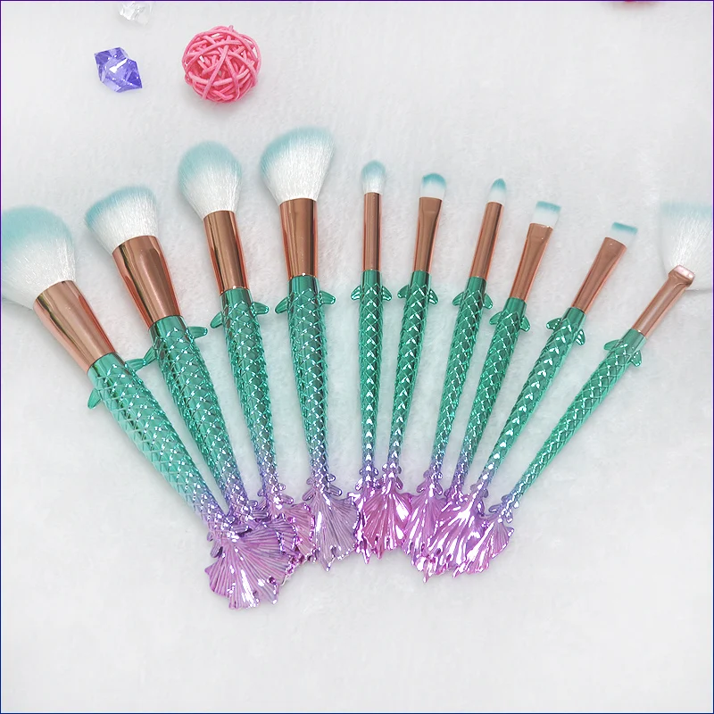 

New 10Pcs Highlighter Brush Professional Mermaid Makeup Brush Set Fish Scale Foundation Powder Brushs Cosmetic Beauty Tool