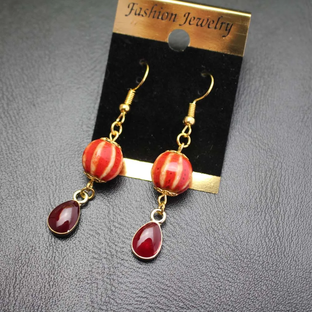 

Contracted Vintage Trendy Earrings Lucky Ceramic Beads Waterdrop Stone Pendant Eardrop for Christmas gift Drop Shipping