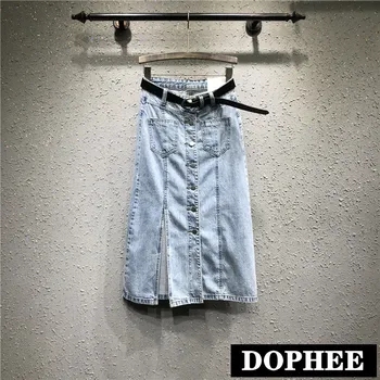 

2019 New Spring and Summer Single Breasted Jeans Skirt Women Medium Long High Waist Split Light Blue Denim Skirts