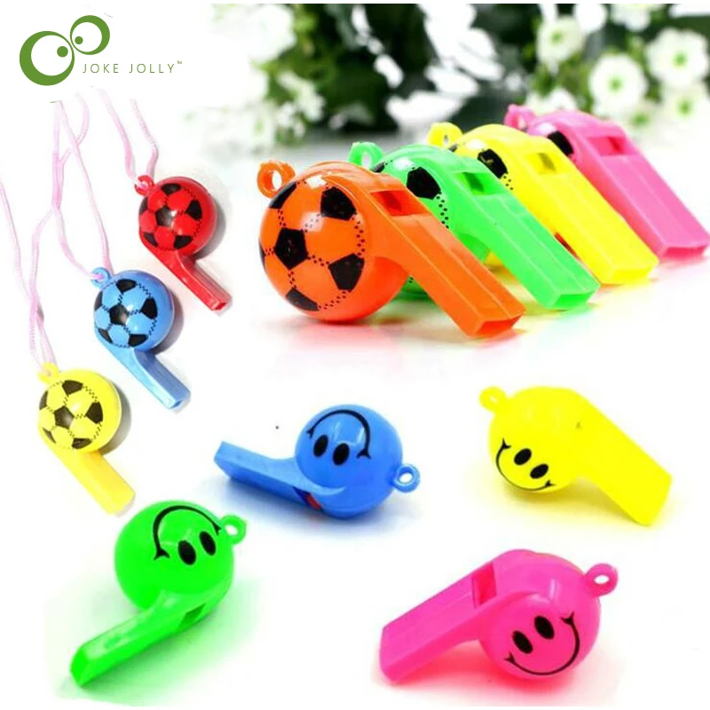 

10pcs/lot Soccer football or smiling face whistle cheerleading toys for kids children plastic whistles toys with ropes GYH