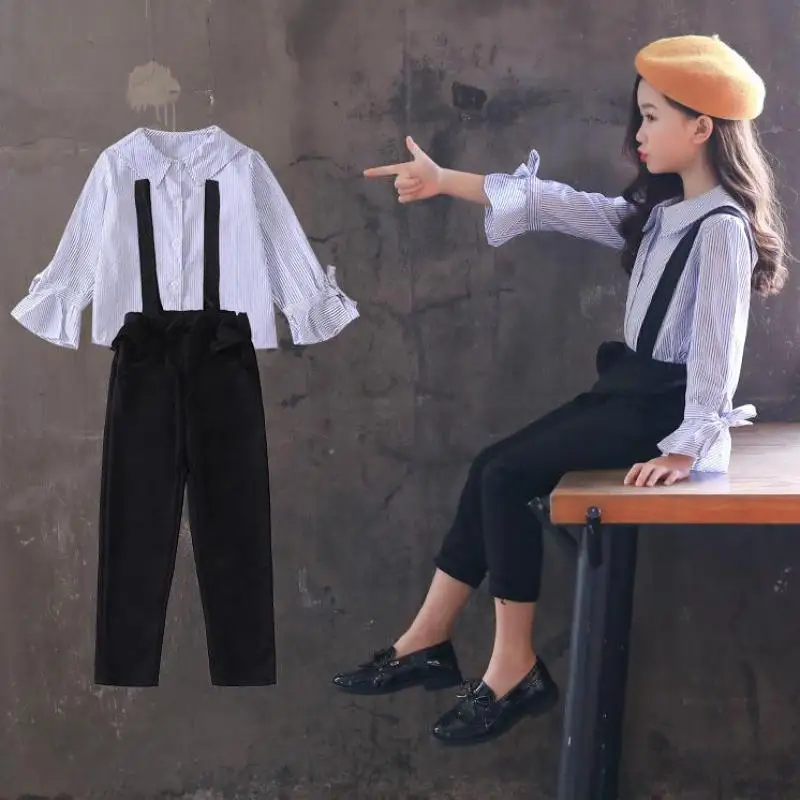 

2018 2pcs Children Toddler Girls Clothing Sets Autumn Teenage Girls Suit School Girls Clothes Striped Blouses Shirts + Jumpsuits