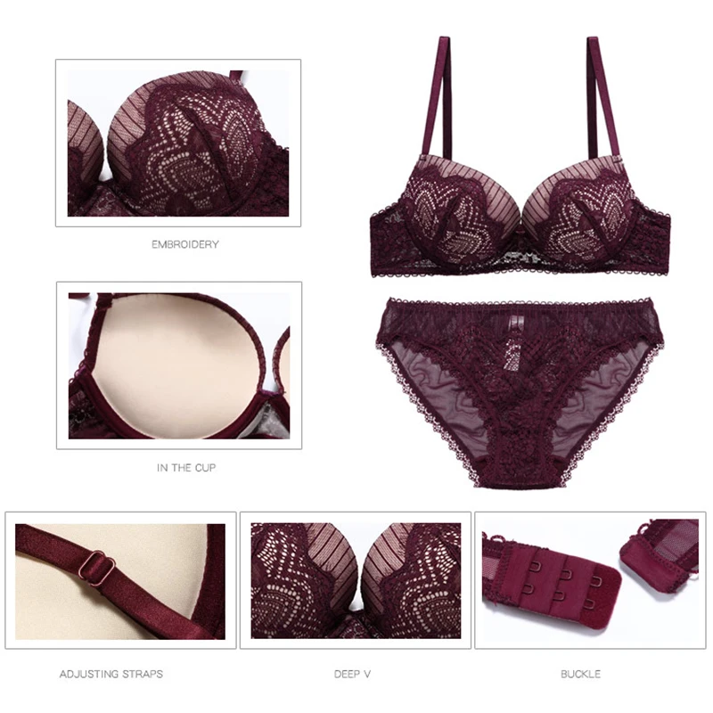 Perfering 2019 New Lace Bra Sets Women Lingerie Embroidery Thick Push Up Brassiere Cotton Underwear Sexy Bras Gather Bule Black