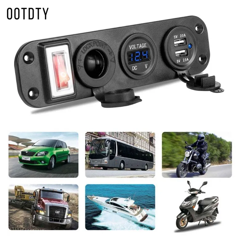 

OOTDTY 1 Set Car Charger Dual USB Adapter DC 12V Cigarette Lighter Socket Plug With LED Voltmeter On Off Switch for Car Boat