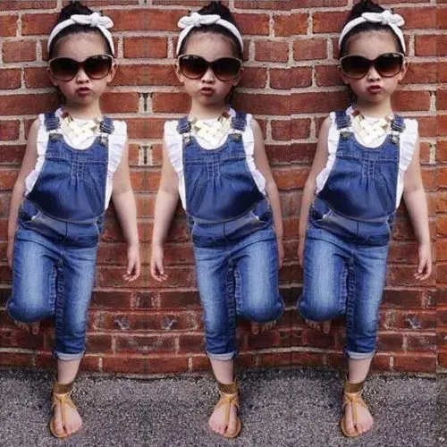 

Summer Baby Girls clothes cotton T-shirt+Pants 2PCS Kids Denim dungarees Outfits 2-7Y