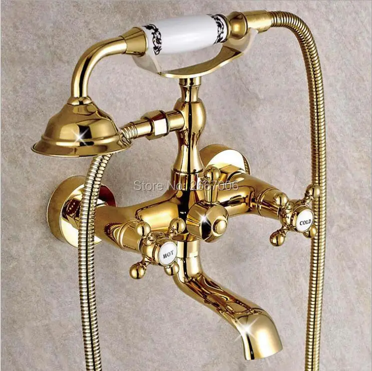 

Free shipping Good Quality Telephone Style Golden Finish Shower Faucet With Porcelain Hand Shower Bath Copper Shower Set GI354