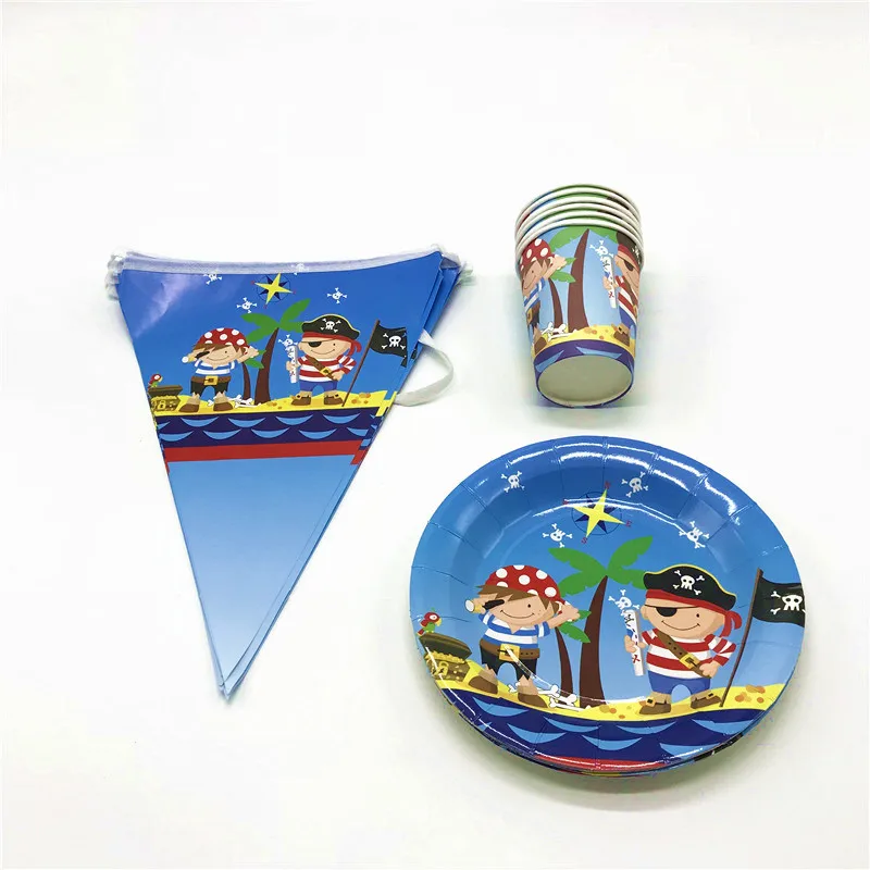 

Hot Little Pirate Theme Paper Cups+Plates+Flags Kid Boy Birthday Party Family Party Cartoon Banners Decoration Supply 36Pcs/Lot
