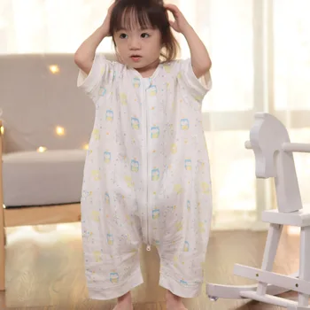 

Summer Kids Detachable Sleeve Ultra-thin Cotton Gauze Jumpsuit Baby Sleep Bag Air-conditioned Room Anti-kick Chothes Suit