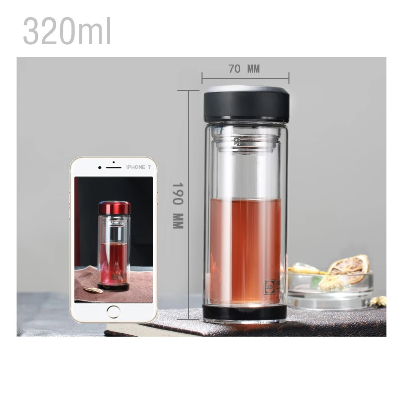 

320ml 280ml Business Type Water Bottle Glass Bottle With Stainless Steel Tea Infuser Filter Double Wall Glass Sport Water Tumble