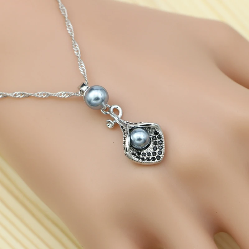 Gray Pearl 925 Silver Jewelry Sets Black Cubic Zirconia For Women Party Horn Shape Drop Earrings Open Ring Pendant Necklace Set (6)