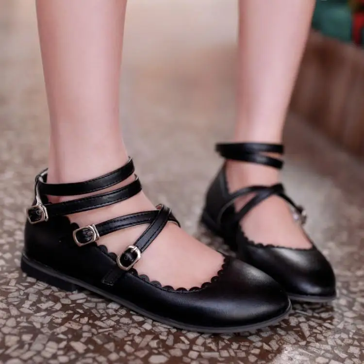 

US4-12 Womens Roune Toe Cross Strap Flats Lolita Cut Out Sandals Summer Ankle Buckle Shoes 4Colors Plus Size A879