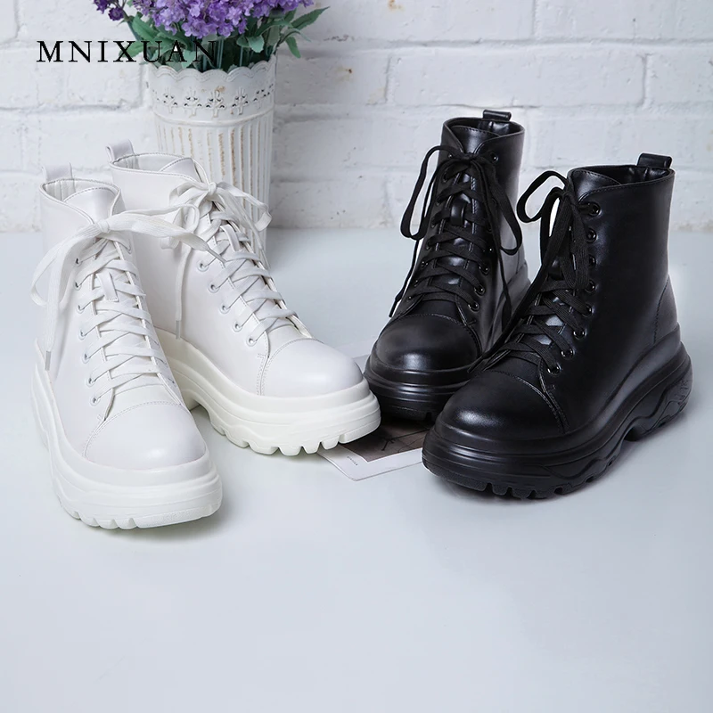 

MNIXUAN ankle boots for women shoes 2018 winter new PU lace ep warm short plush martin boots flat platform motorcycle boot black