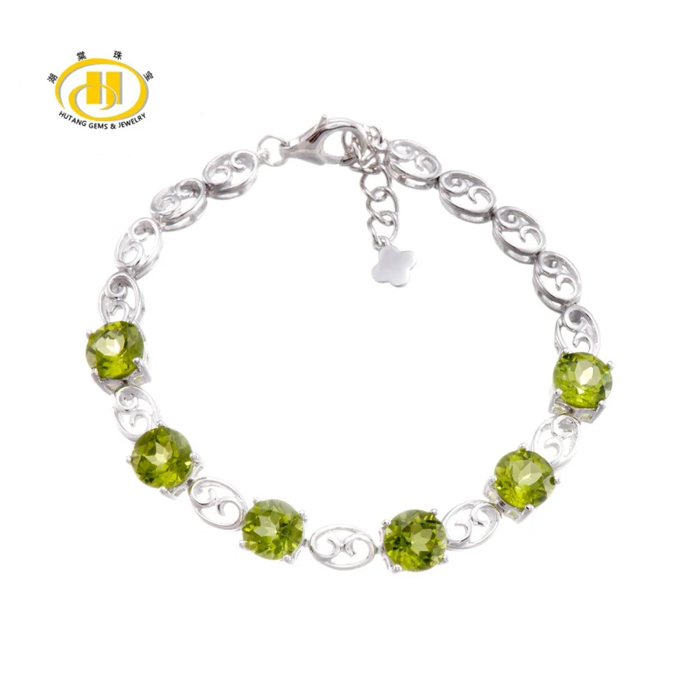 

Hutang Natural 7.0mm Green Peridot Gemstone Solid 925 Sterling Silver Link Bracelets for women Fine Stone Jewelry 7.25" New