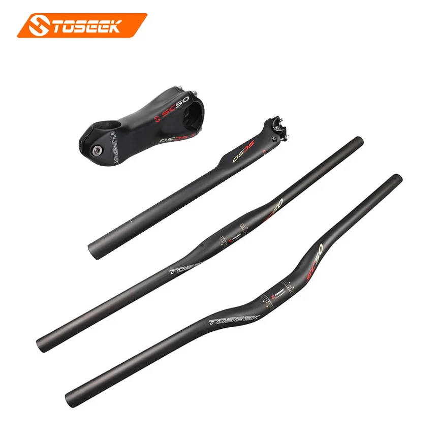 

TOSEEK Bicycle Handlebars Full Carbon Mtb Handlebar Set Stem+Seat Post+ Flat Riser UD Matte Mountain Bicycle Handlebar