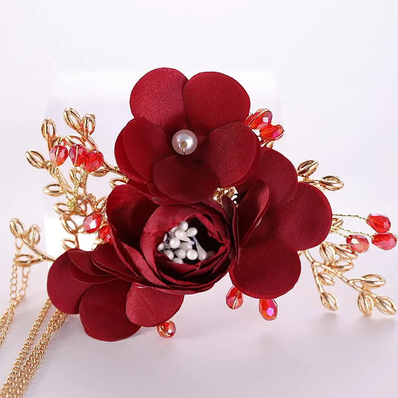 Китайский классический красный цветок розы кисточки шпильки для волос Тиара для женщин Кристалл повязка на голову шпильки головной убор невесты свадебные украшения для волос VL
