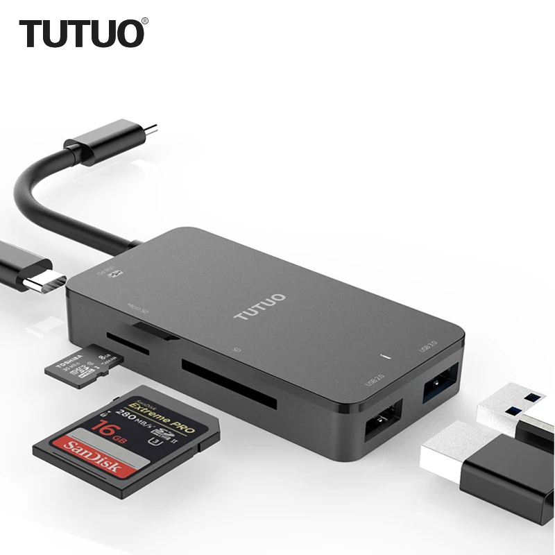 TUTUO Type C to USB A * 2 порта конвертер с SD/Micro SD (TF) Кардридер 80 Вт PD Быстрая Зарядка