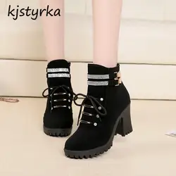 Kjstyrka botas botines mujer 2018 модная Высококачественная обувь со стразами женские ботильоны Супер Высокий каблук на платформе bota feminina