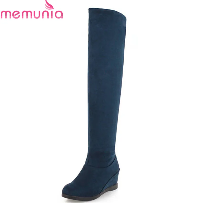 

MEMUNIA hot sale thigh high boots women flock autumn winter boots slip on solid color long boots fashion wedges shoes woman