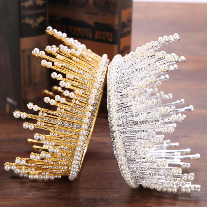 Pearl Round Wedding Tiara Bride Hair Ornaments Luxurious Rhinestone Large Bridal Tiara Crown Wedding Hair Jewelry Accessories zx 1038 elegant gorgeous rhinestone bride tiara golden size m