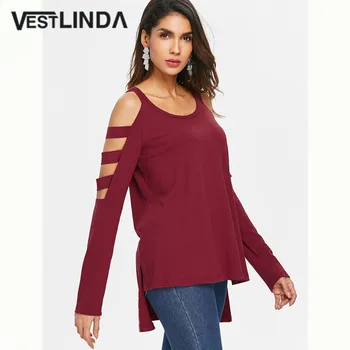 

VESTLINDA Cut Out High Low T-Shirt Casual O Neck Long Sleeve Asymmetrical Ribbed Tee Shirt Women 2018 Fashion Tops Tees Clothing
