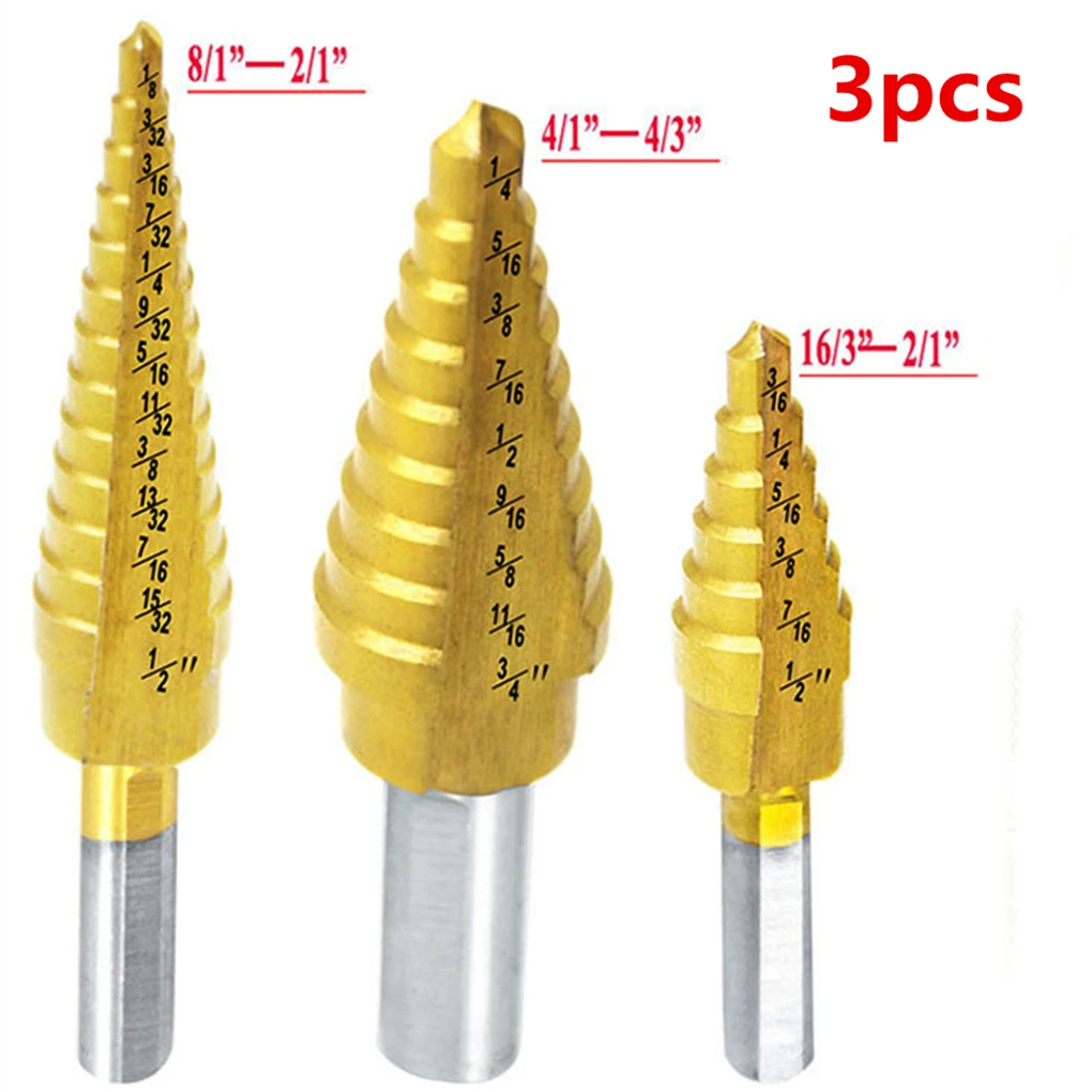 

3 шт. титановая треугольная ручка из быстрорежущей стали, дюймовые прямые рифленые ступенчатые сверла в форме пагоды, резак, стальное Коническое сверло, набор стальных ступеней