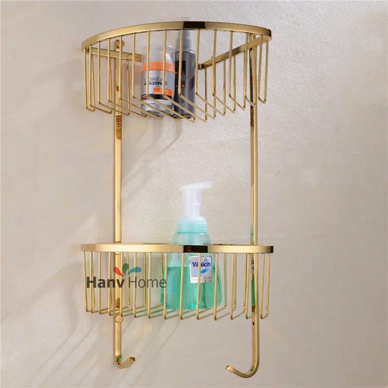 

2 Layer Gold Stainless Steel Bathroom Shelf  with Robe Hook Rack Bracket  Shelves Basket  Golden Shower Storage Caddy 09-125