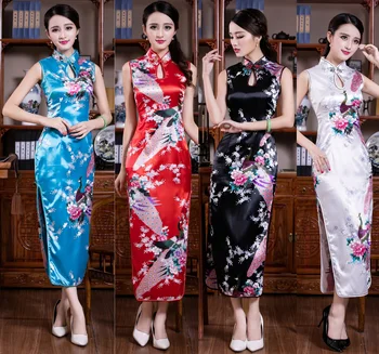 

SEXY Ladies Casual Print Florl Cheongsam Sleeveless Dripping Dress Chinese Traditional Women Qipao Long Vestidos S M L XL XXL