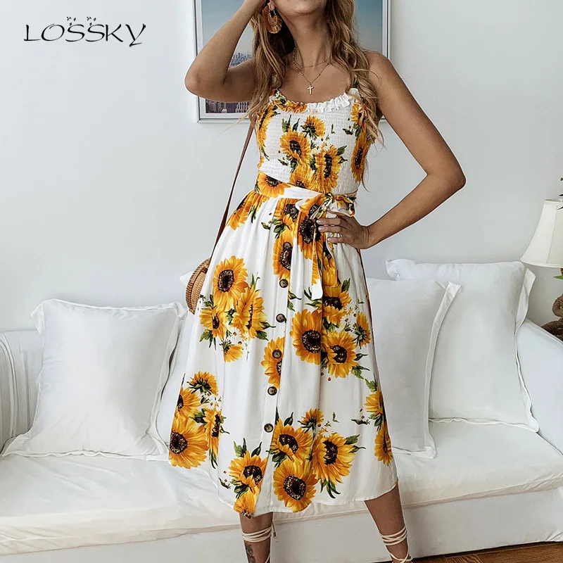 

Lossky Summer Women Dress Boho Floral Printed Dress Sexy Backless Spaghetti Strap Sundress Lace-up Button Pleated Long Dres 2019